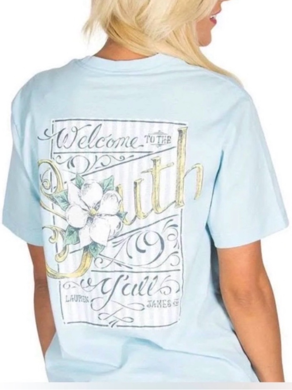 Lauren James Blue Welcome To The South Pocket Tee